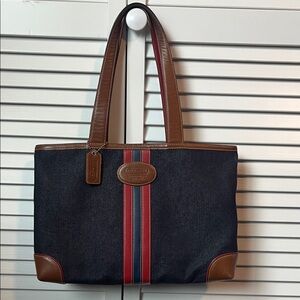 Vintage Coach Navy and Brown Shoulder Bag with Red Stripe